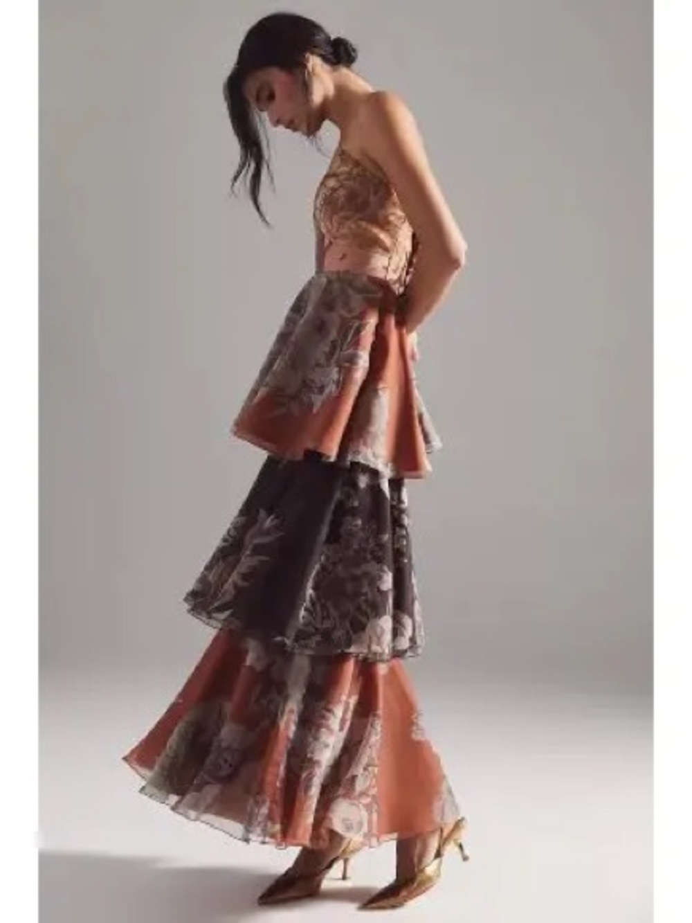 Tiered Strapless Floral Maxi Dress in Rust and Brown - Picture 2 of 11